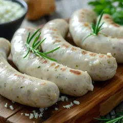 Apetyczna biała kiełbasa na desce, gotowa do podania. Idealna do ugotowania na Wielkanoc.