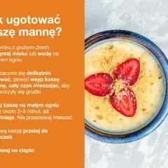 Kasza manna na wodzie, idealne proporcje dla pysznego deseru. Podana z truskawkami i kruszonką.