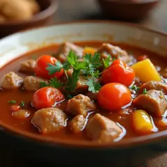 Gęsta zupa gulaszowa z kawałkami mięsa, ziemniaków i pomidorków koktajlowych, ozdobiona natką pietruszki. Czy zupę gulaszową się zagęszcza? Ta wygląda na idealnie doprawioną.