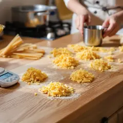Waga pokazuje 93.5g, idealna porcja suchego makaronu na osobę. Na blacie leżą różne rodzaje makaronu i spaghetti.