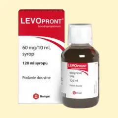 Opakowanie i butelka syropu LevoPront. Na opakowaniu informacja: 60 mg/10 ml, syrop, 120 ml syropu. To pomoże ustalić, ile łyżeczka ma ml syropu.