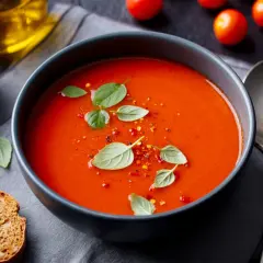 Prosta zupa paprykowa, ozdobiona listkami bazylii i płatkami chili, podana z grzankami.