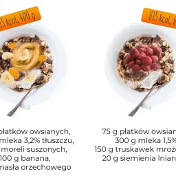 Dwie miski płatków owsianych z dodatkami. Jedna z bananem i masłem orzechowym, druga z truskawkami. Sprawdź, ile kalorii ma miska płatków z mlekiem.
