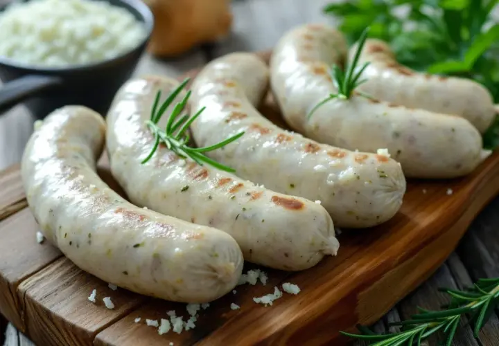 Apetyczna biała kiełbasa na desce, gotowa do podania. Idealna do ugotowania na Wielkanoc.