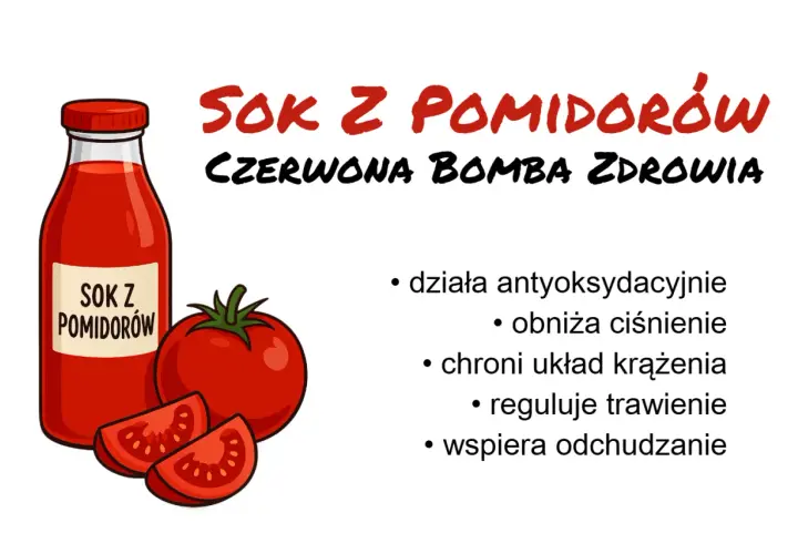 Sok z pomidorów - czerwona bomba zdrowia. Czy sok pomidorowy można pić na noc? Działa antyoksydacyjnie, obniża ciśnienie, chroni układ krążenia, reguluje trawienie, wspiera odchudzanie.