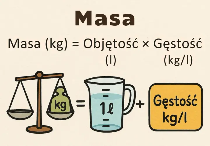Jak przeliczyć litry na kilogramy? Masa (kg) = Objętość (l) × Gęstość (kg/l). Ilustracja pokazuje wagę, dzbanek z płynem i symbol gęstości.