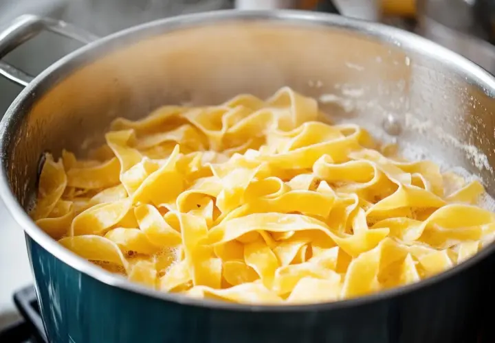 Szeroki makaron tagliatelle gotuje się w bulgoczącej wodzie. Kluczowe jest, ile wody na makaron, by był idealny.