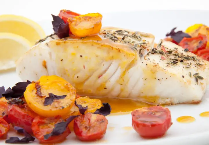 Soczysty halibut z pomidorkami koktajlowymi i cytryną. Idealny pomysł, jak przyrządzić halibuta na obiad.