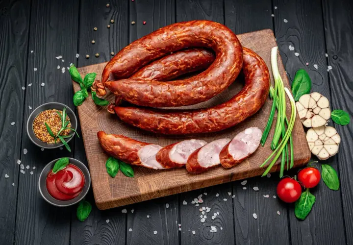 Wędzona kiełbasa na desce, obok czosnek, pomidorki, musztarda i ketchup. Zastanawiasz się, ile majeranku na kilogram kiełbasy?