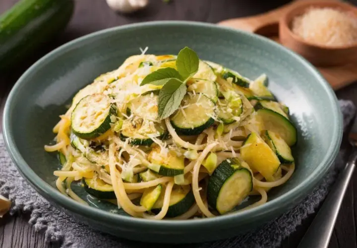 Proste przepisy na cukinię: spaghetti z cukinią, czosnkiem i parmezanem, udekorowane listkami mięty.