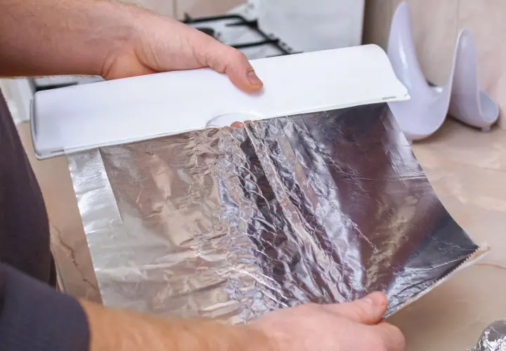 Ręce trzymają folię aluminiową z dozownika. Czy można użyć folii aluminiowej zamiast papieru do pieczenia? Tak, to świetna alternatywa!