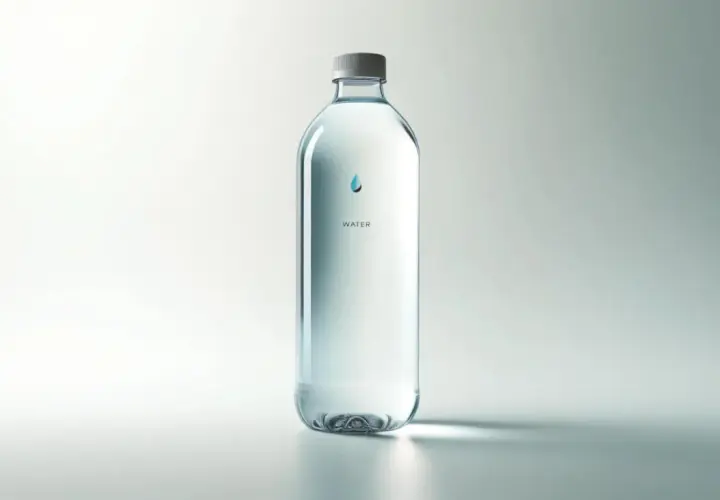Przezroczysta butelka z wodą, z kroplą i napisem "WATER". Zastanawiasz się, ile waży litr wody?