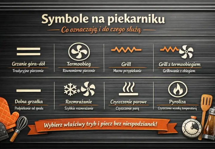 Grafika pokazuje symbole piekarnika. Termoobieg oznaczony jest wentylatorem w okręgu, co zapewnia równomierne pieczenie.