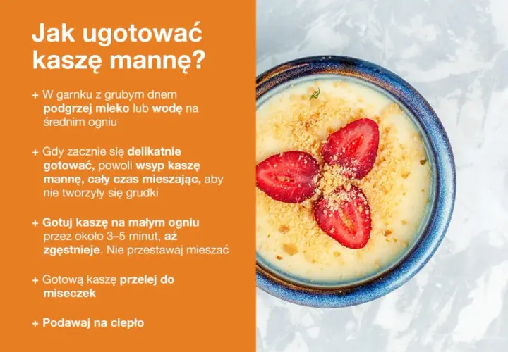 Prosty kasza manna przepis: gotuj na małym ogniu, dodaj truskawki i posypkę. Pyszne śniadanie!
