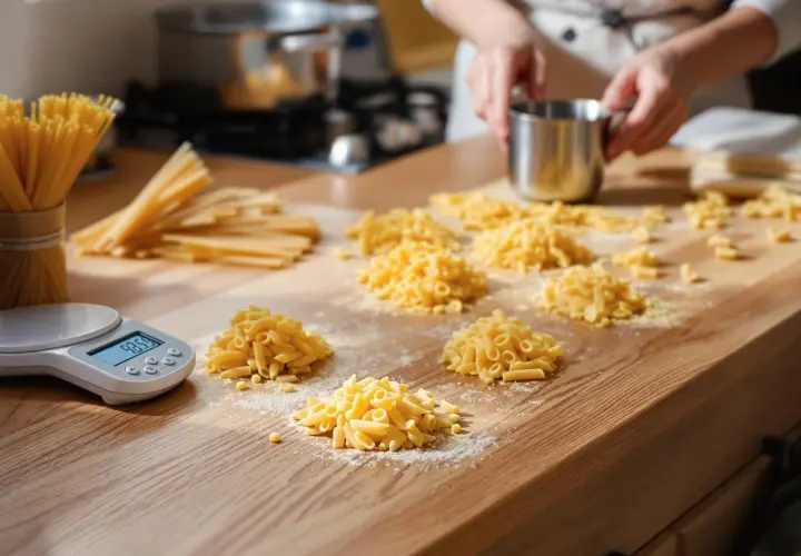 Waga pokazuje 93.5g, idealna porcja suchego makaronu na osobę. Na blacie leżą różne rodzaje makaronu i spaghetti.