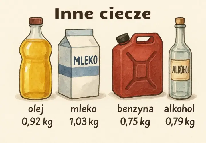 Olej, mleko, benzyna i alkohol w różnych opakowaniach. Czy kilogram to litr? Nie zawsze, gęstość płynów jest różna.