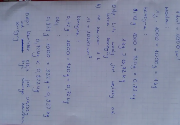 Obliczenia pokazują, ile waży litr benzyny: 1 litr wody waży 1 kg, a 1 litr benzyny waży 0,72 kg.