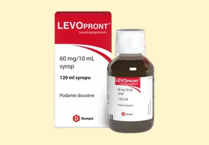 Opakowanie i butelka syropu LevoPront. Na opakowaniu informacja: 60 mg/10 ml, syrop, 120 ml syropu. To pomoże ustalić, ile łyżeczka ma ml syropu.
