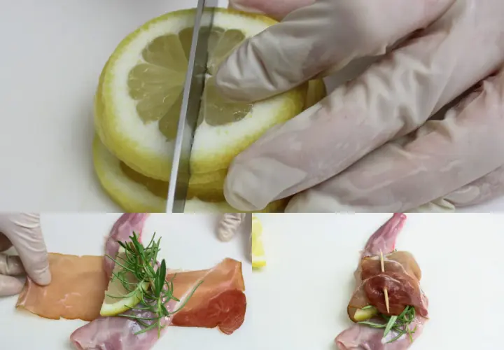 Prosty przepis na królika: krojenie cytryny, zawijanie mięsa w szynkę z rozmarynem i cytryną, a następnie spinanie wykałaczką.