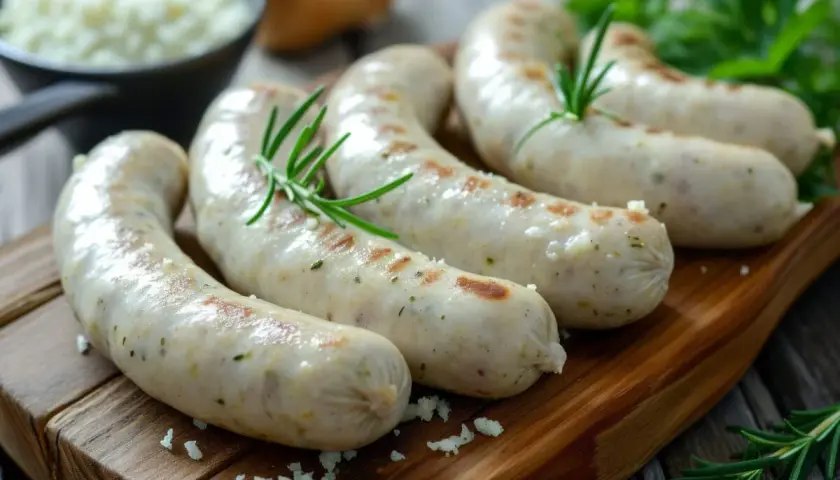 Apetyczna biała kiełbasa na desce, gotowa do podania. Idealna do ugotowania na Wielkanoc.
