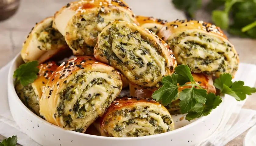 Roladki ze szpinakiem i serem, świetny pomysł na to, co można zrobić z ciasta na pizzę. Posypane sezamem.