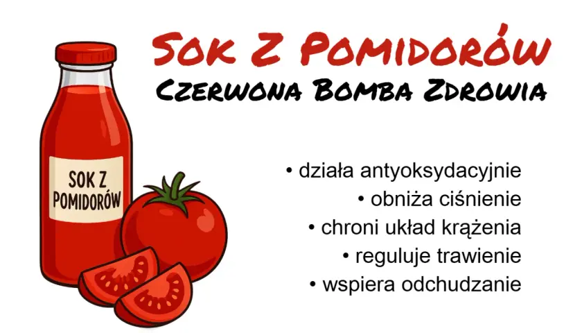 Sok z pomidorów - czerwona bomba zdrowia. Czy sok pomidorowy można pić na noc? Działa antyoksydacyjnie, obniża ciśnienie, chroni układ krążenia, reguluje trawienie, wspiera odchudzanie.