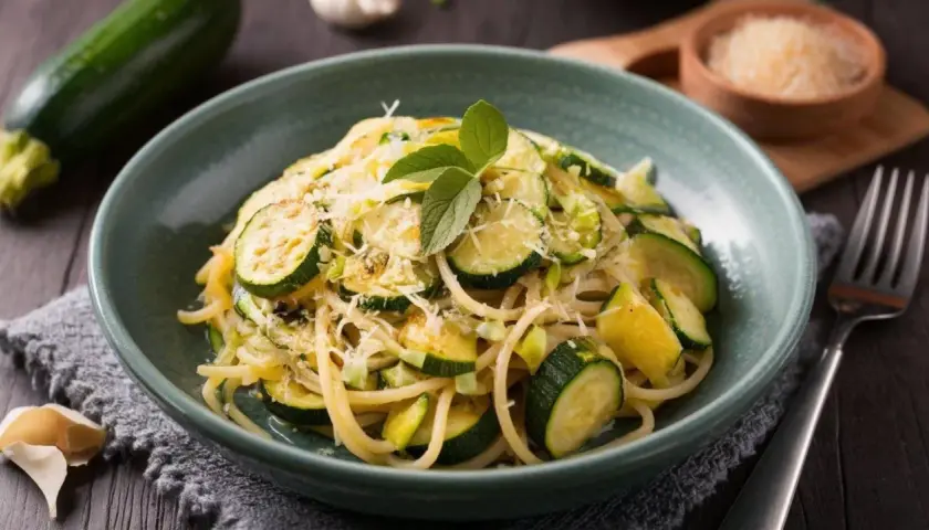 Proste przepisy na cukinię: spaghetti z cukinią, czosnkiem i parmezanem, udekorowane listkami mięty.