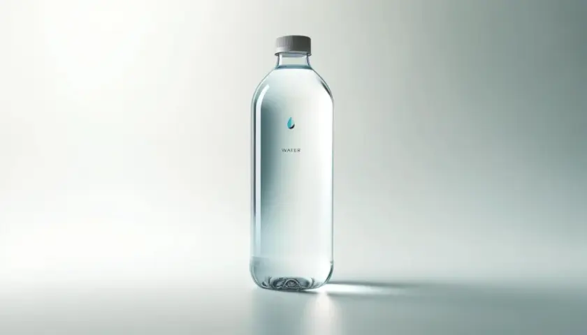 Przezroczysta butelka z wodą, z kroplą i napisem "WATER". Zastanawiasz się, ile waży litr wody?