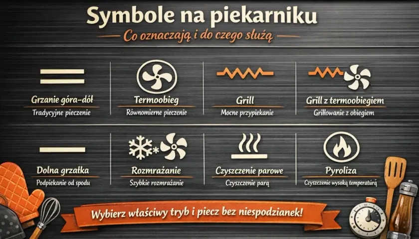 Grafika pokazuje symbole piekarnika. Termoobieg oznaczony jest wentylatorem w okręgu, co zapewnia równomierne pieczenie.