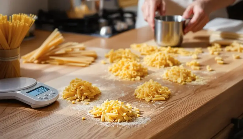 Waga pokazuje 93.5g, idealna porcja suchego makaronu na osobę. Na blacie leżą różne rodzaje makaronu i spaghetti.