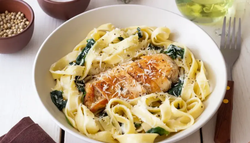 Szybki makaron z kurczakiem i szpinakiem, posypany parmezanem. Idealny na szybki obiad.