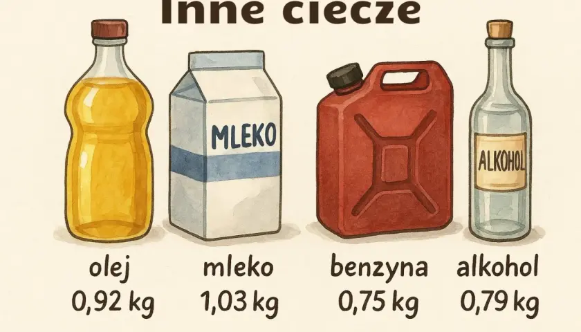 Olej, mleko, benzyna i alkohol w różnych opakowaniach. Czy kilogram to litr? Nie zawsze, gęstość płynów jest różna.