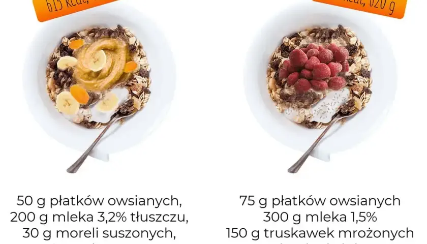 Dwie miski płatków owsianych z dodatkami. Jedna z bananem i masłem orzechowym, druga z truskawkami. Sprawdź, ile kalorii ma miska płatków z mlekiem.
