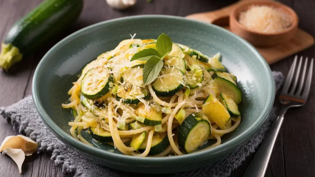 Proste przepisy na cukinię: spaghetti z cukinią, czosnkiem i parmezanem, udekorowane listkami mięty.