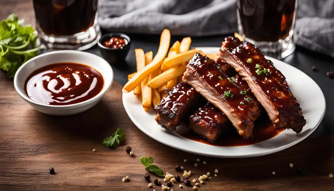 Pyszne żeberka w sosie BBQ, idealne do maczania. Zastanawiasz się, jak zrobić sos do żeberek? Ten obrazek to inspiracja!
