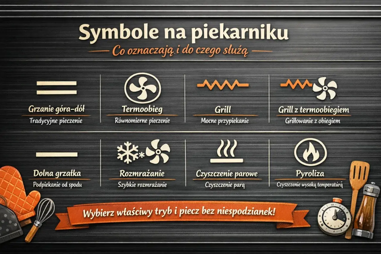 Grafika pokazuje symbole piekarnika. Termoobieg oznaczony jest wentylatorem w okręgu, co zapewnia równomierne pieczenie.