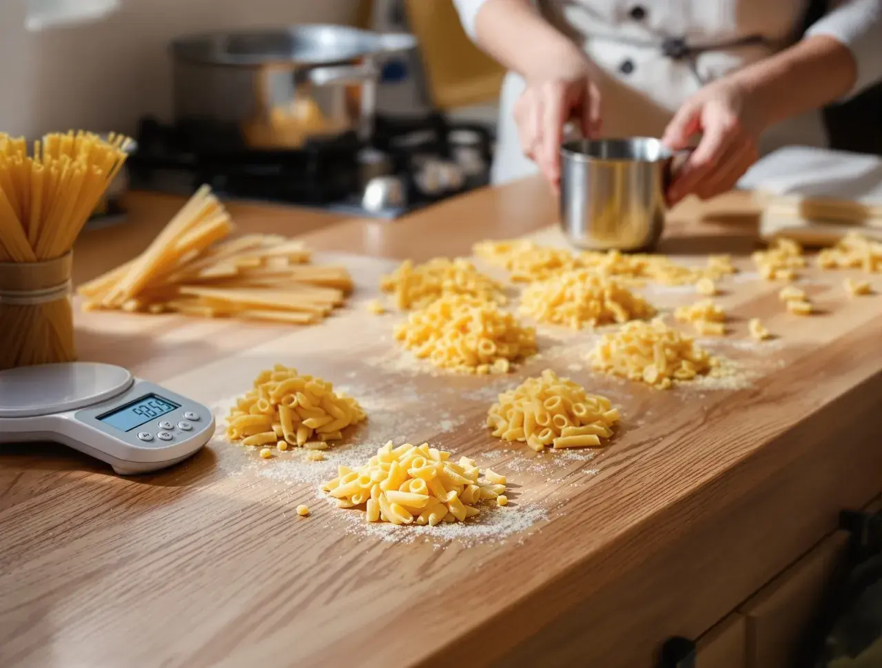 Waga pokazuje 93.5g, idealna porcja suchego makaronu na osobę. Na blacie leżą różne rodzaje makaronu i spaghetti.