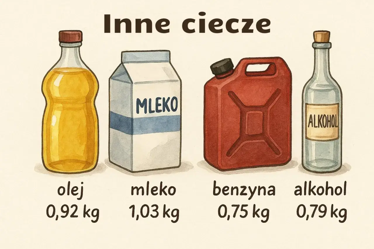 Olej, mleko, benzyna i alkohol w różnych opakowaniach. Czy kilogram to litr? Nie zawsze, gęstość płynów jest różna.
