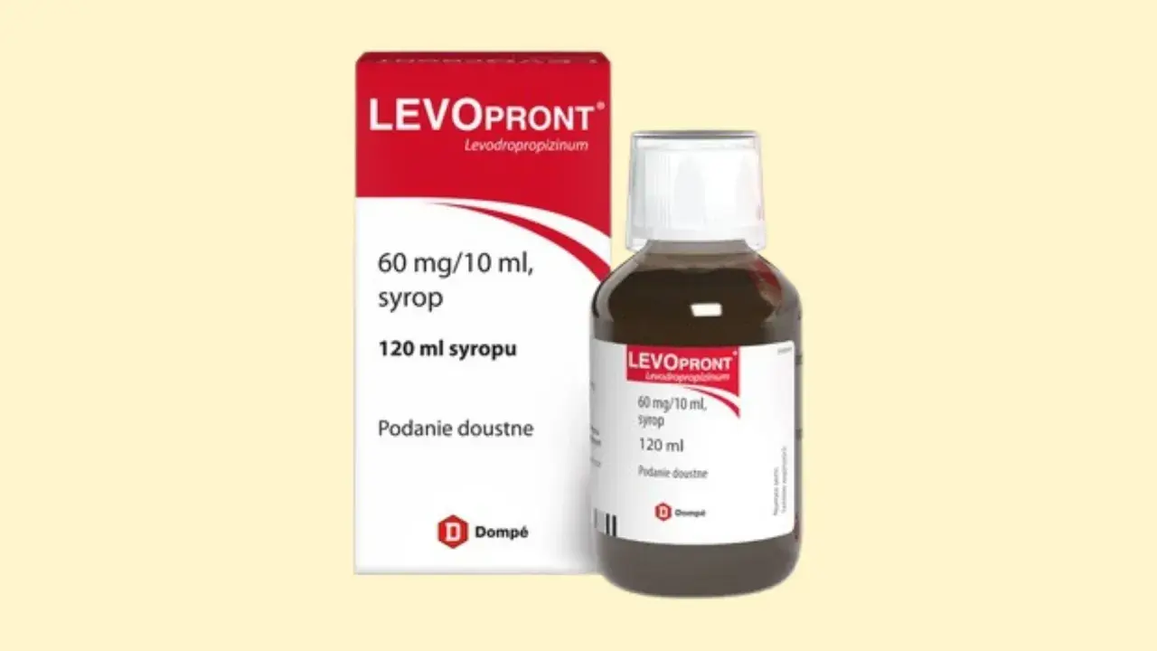 Opakowanie i butelka syropu LevoPront. Na opakowaniu informacja: 60 mg/10 ml, syrop, 120 ml syropu. To pomoże ustalić, ile łyżeczka ma ml syropu.