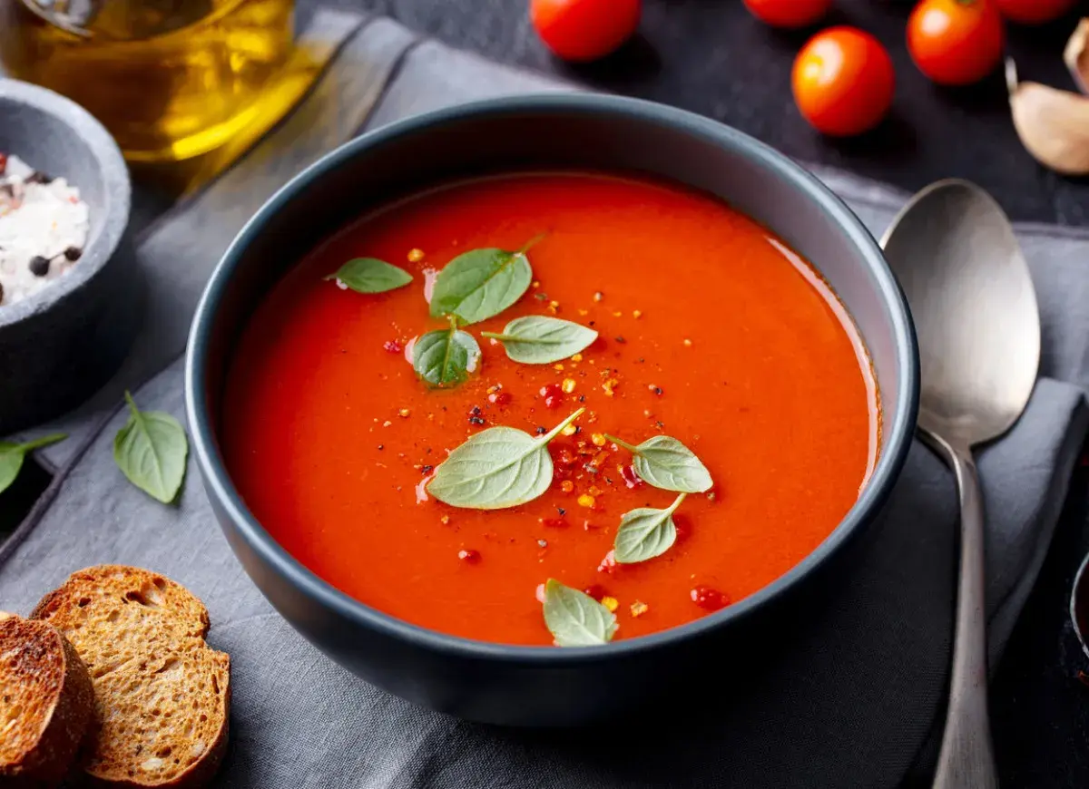 Prosta zupa paprykowa, ozdobiona listkami bazylii i płatkami chili, podana z grzankami.