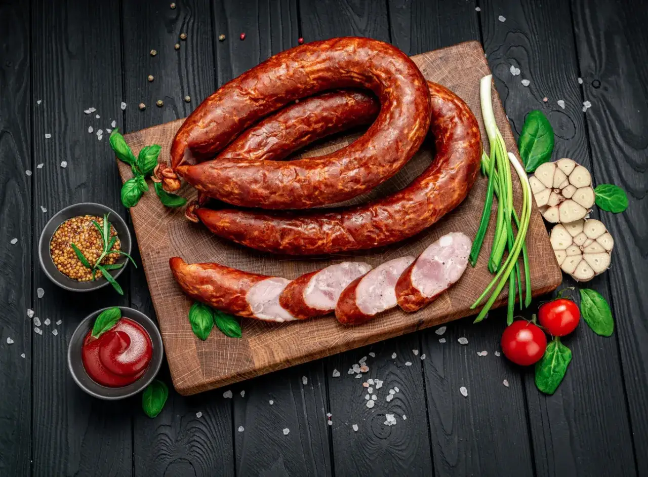 Wędzona kiełbasa swojska na desce, z musztardą, ketchupem, czosnkiem i pomidorkami. Idealna ilość soli do kiełbasy swojskiej.