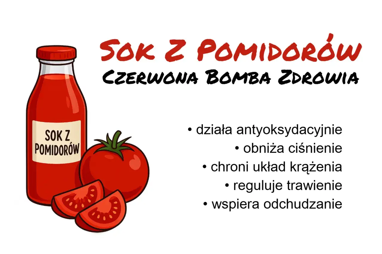 Sok z pomidorów - czerwona bomba zdrowia. Czy sok pomidorowy można pić na noc? Działa antyoksydacyjnie, obniża ciśnienie, chroni układ krążenia, reguluje trawienie, wspiera odchudzanie.