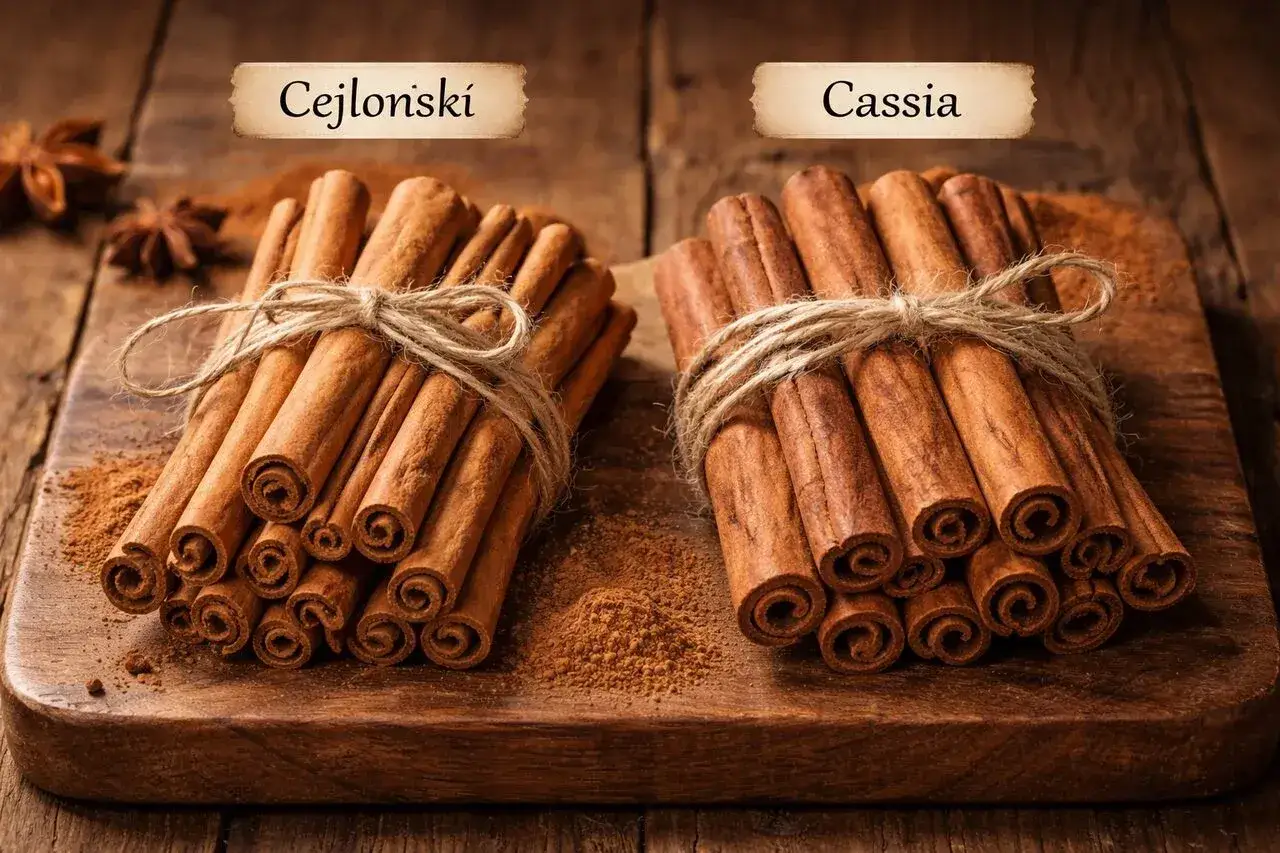 Cynamon cejloński i cassia na desce. Zastanawiasz się, ile cynamonu do kawy? Oba rodzaje są pyszne!