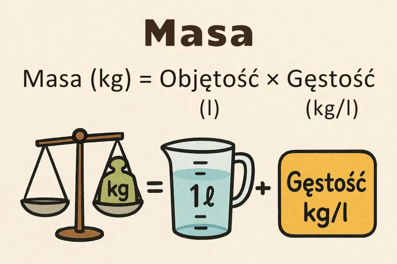 Waga pokazuje, ile litr ma kilogramów. Masa (kg) = objętość (l) × gęstość (kg/l).