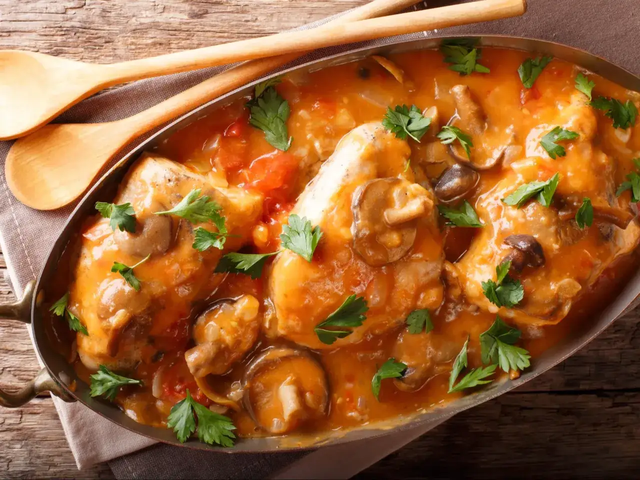 Pyszny kurczak w sosie z pieczarkami i pomidorami, posypany natką pietruszki. Czy kurczak jest lekkostrawny? Tak, w tej postaci z pewnością!
