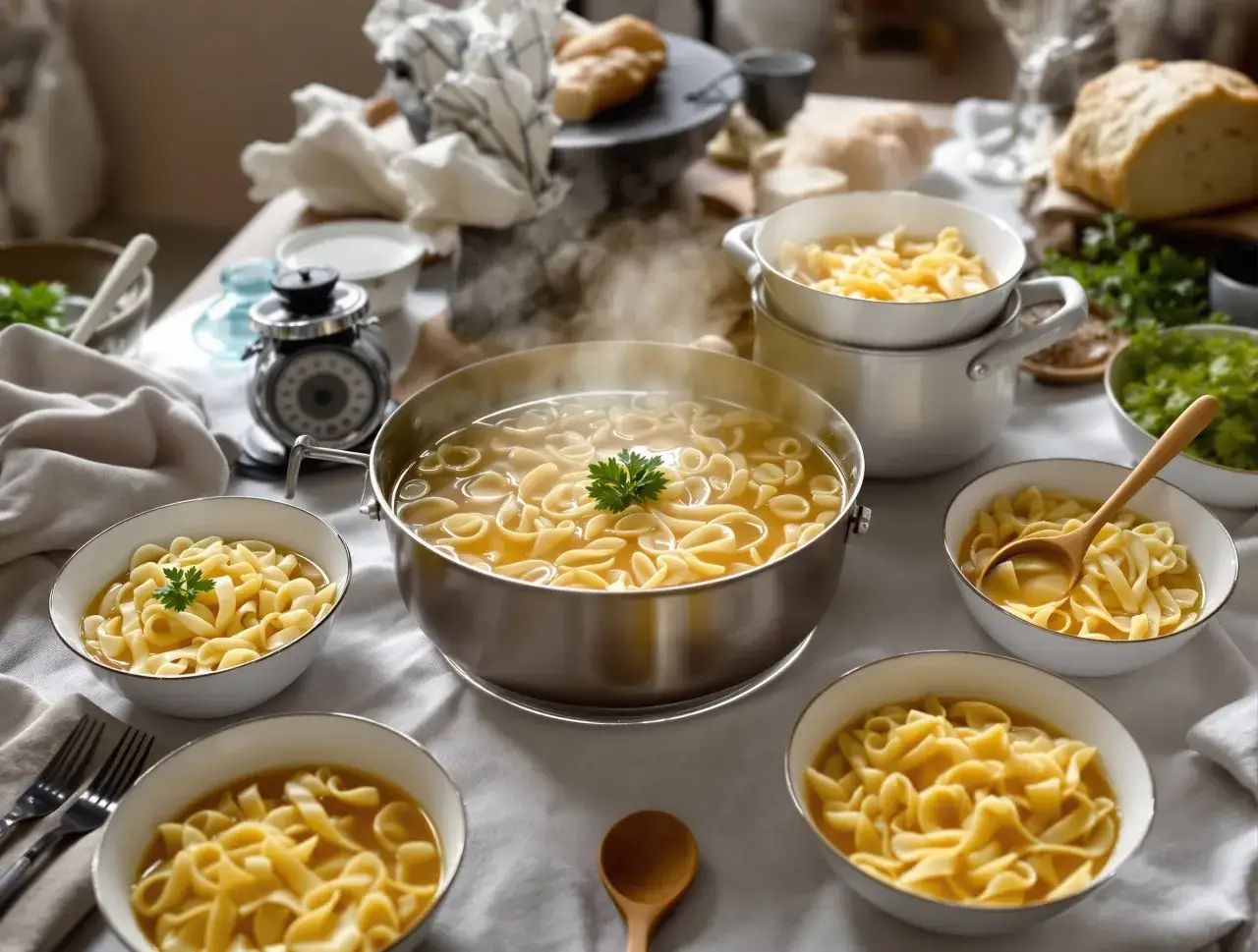Gorący bulion z makaronem w miseczkach, gotowy do podania. W tle paruje garnek z makaronem, a na stole leżą chleb i zioła. Idealna porcja to ok. 80-100g suchego makaronu na osobę.