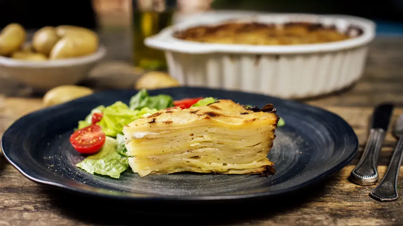 Kawałek ziemniaków gratin, podany z sałatką. Idealny przepis na ziemniaki gratin.