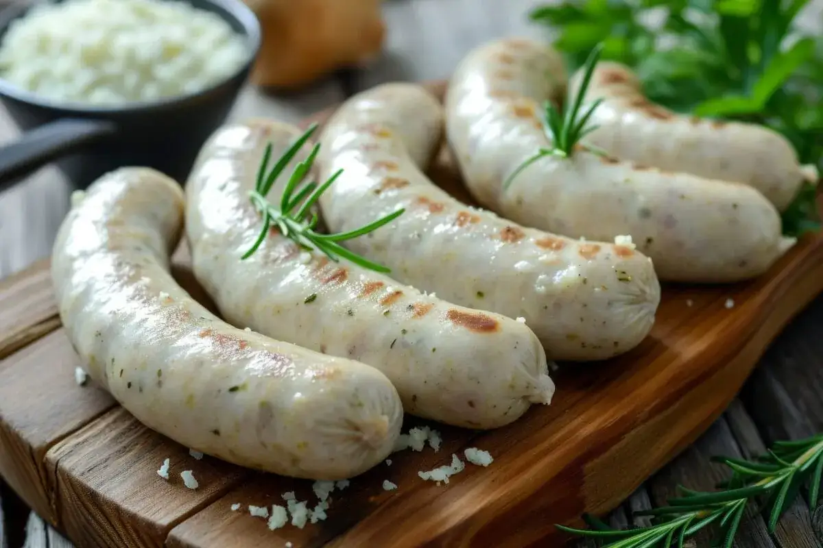 Biała surowa kiełbasa na desce, z rozmarynem. Dowiedz się, ile gotować białą surową kiełbasę, by była idealna.