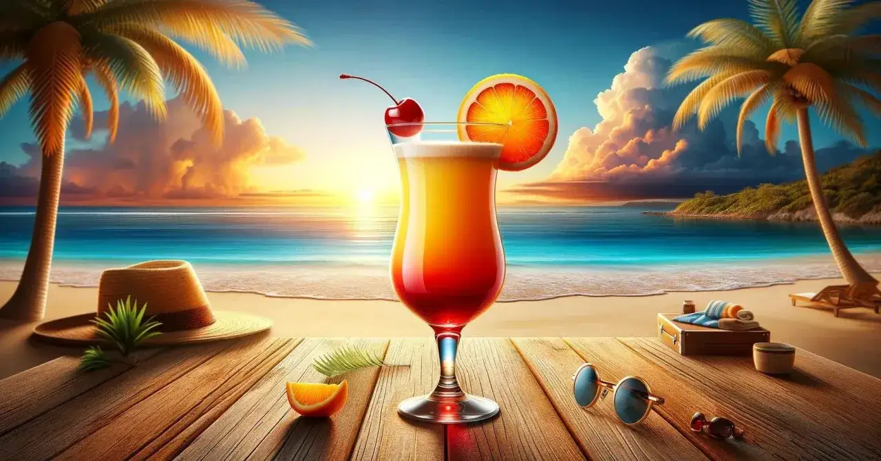 Idealny przepis na tequila sunrise: drink z wiśnią i pomarańczą na plaży o zachodzie słońca.