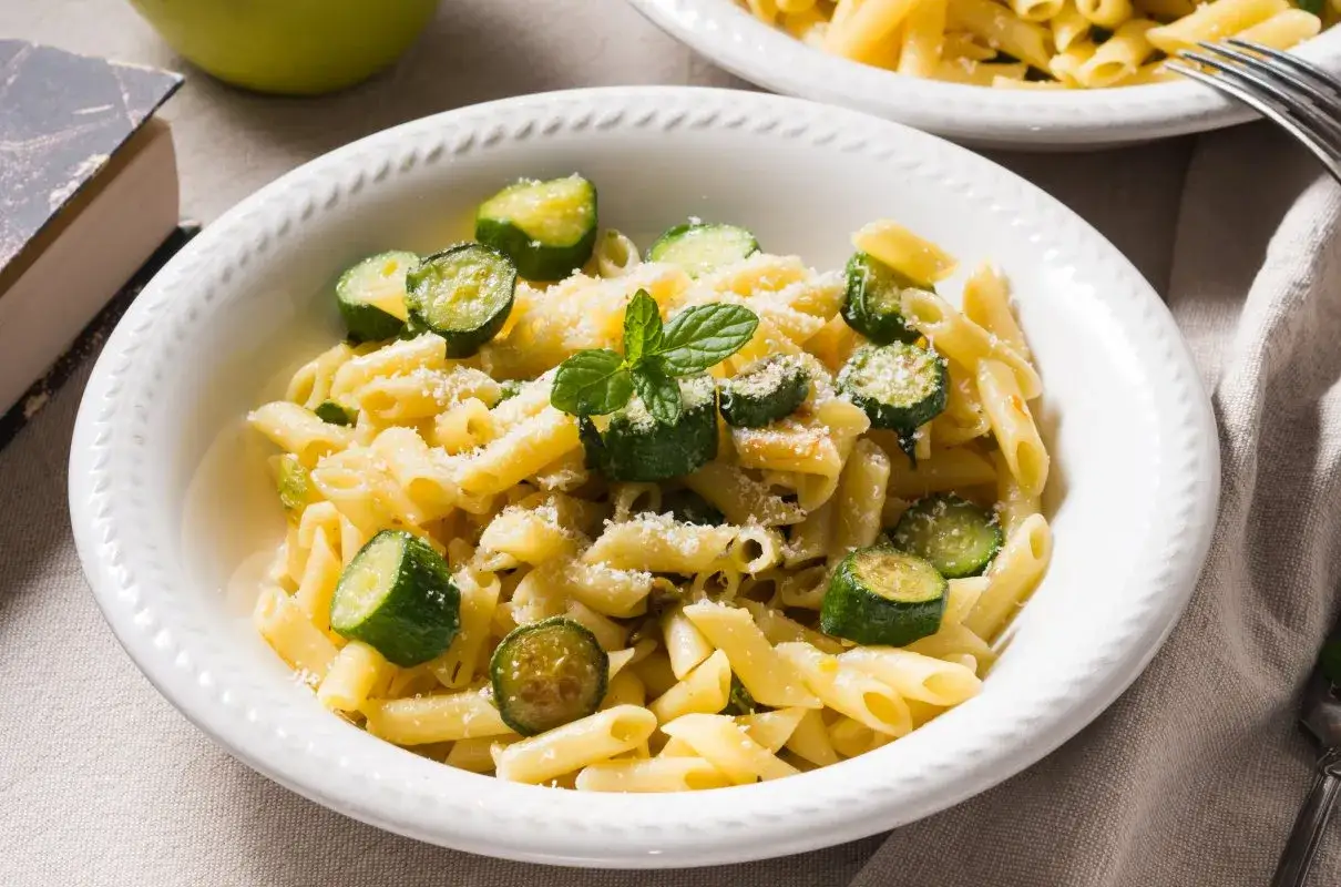 Szybkie dania z cukinią: penne z plasterkami cukinii, posypane parmezanem i listkami mięty.